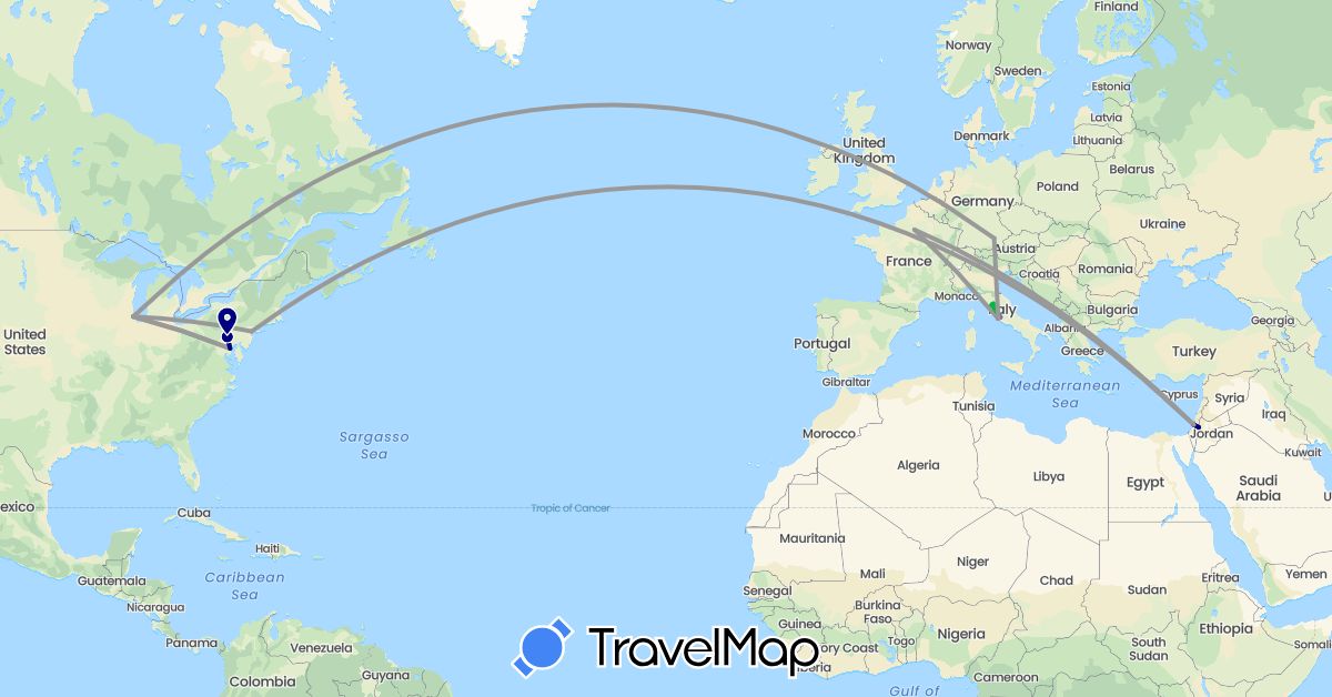 TravelMap itinerary: driving, bus, plane, train in Germany, France, Israel, Italy, United States (Asia, Europe, North America)
